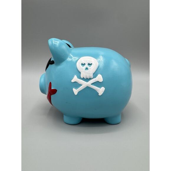 Pirate Pig Skull and Crossbones Piggy Bank Blue Black White Red 6” - Picture 5 of 11